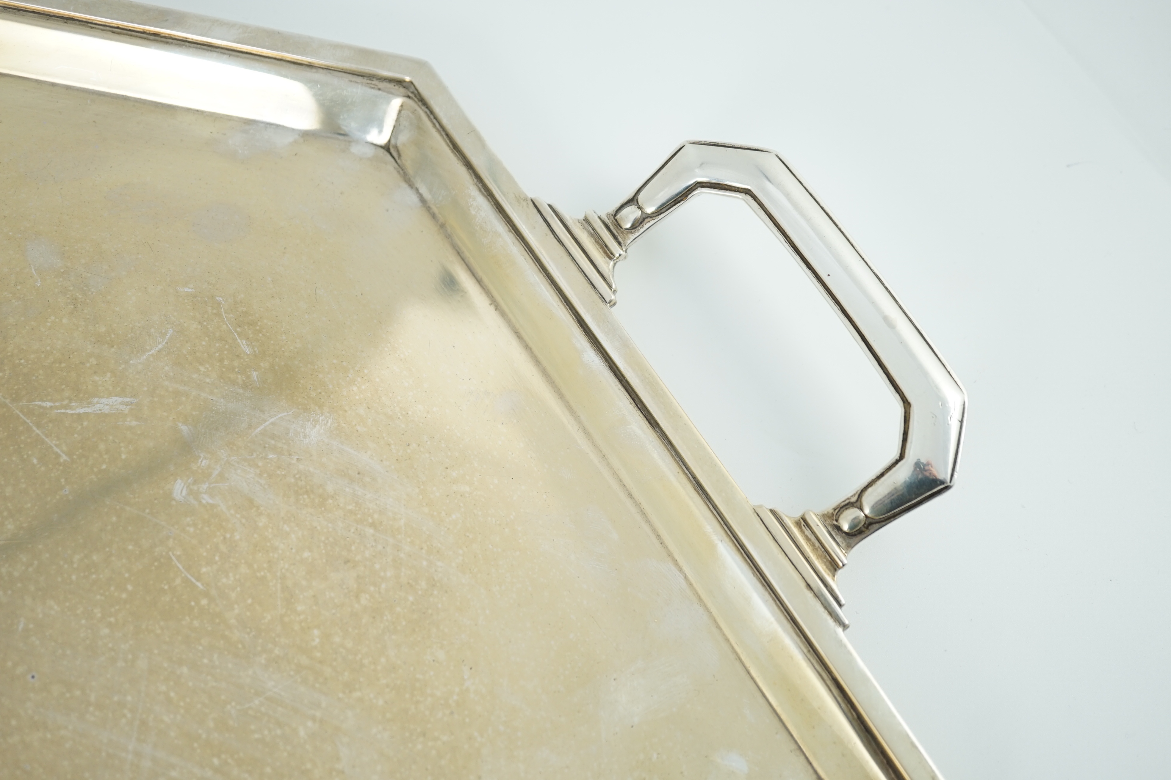 A George VI octagonal silver two handled tea tray, by Mappin & Webb